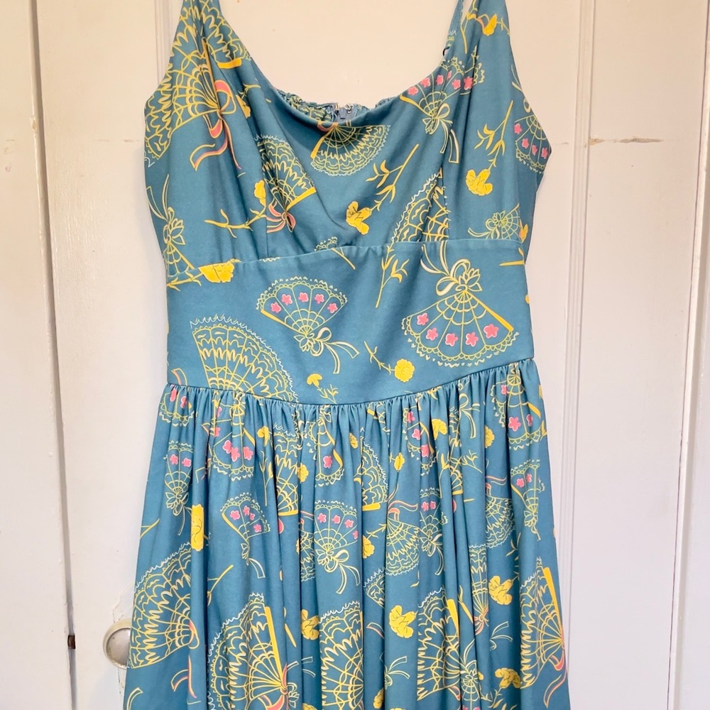Jenny dress by Laura Brynes in teal Spanish fans